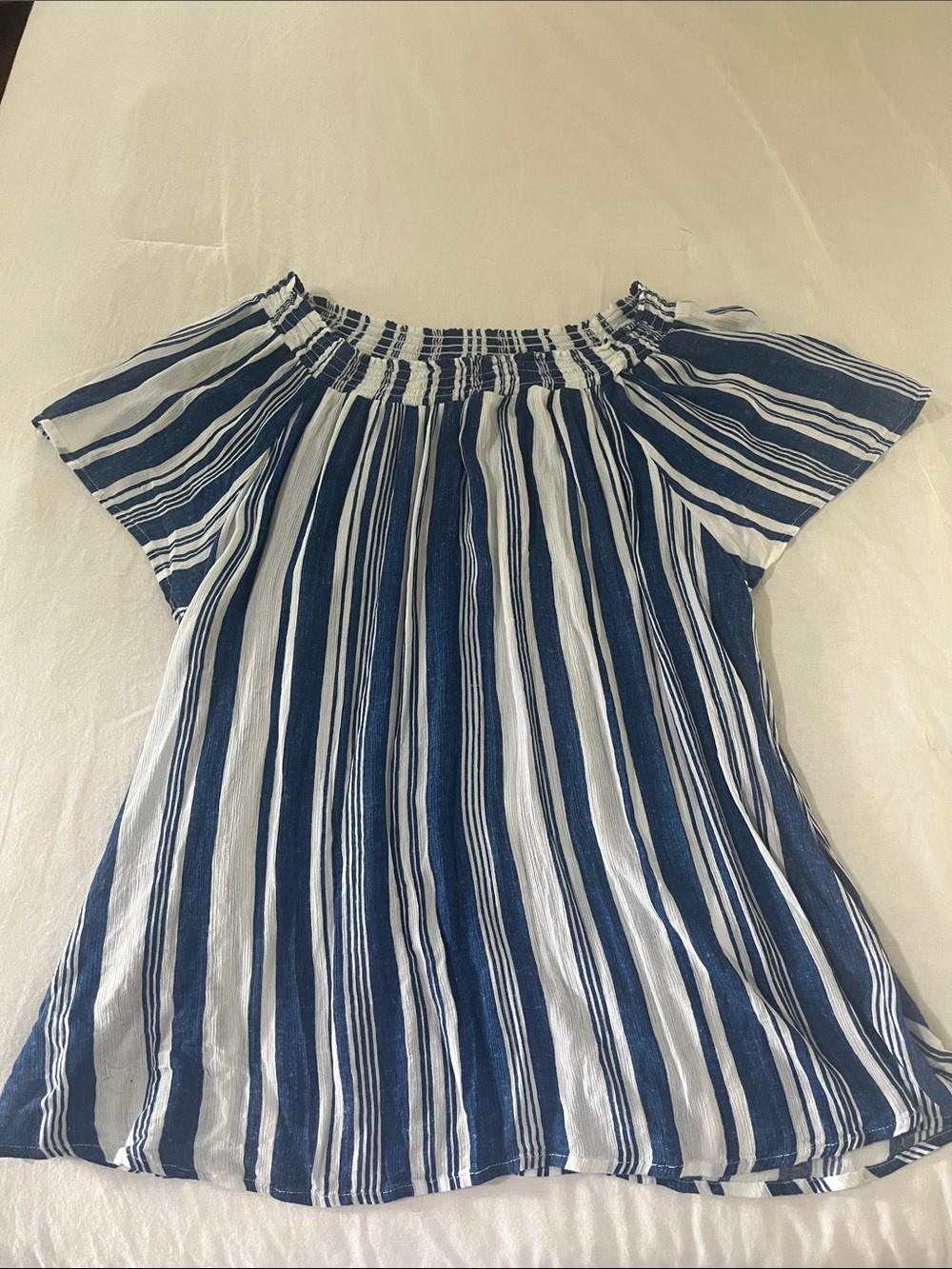 Liz Claiborne Blue and White Striped Off-Shoulder Tunic